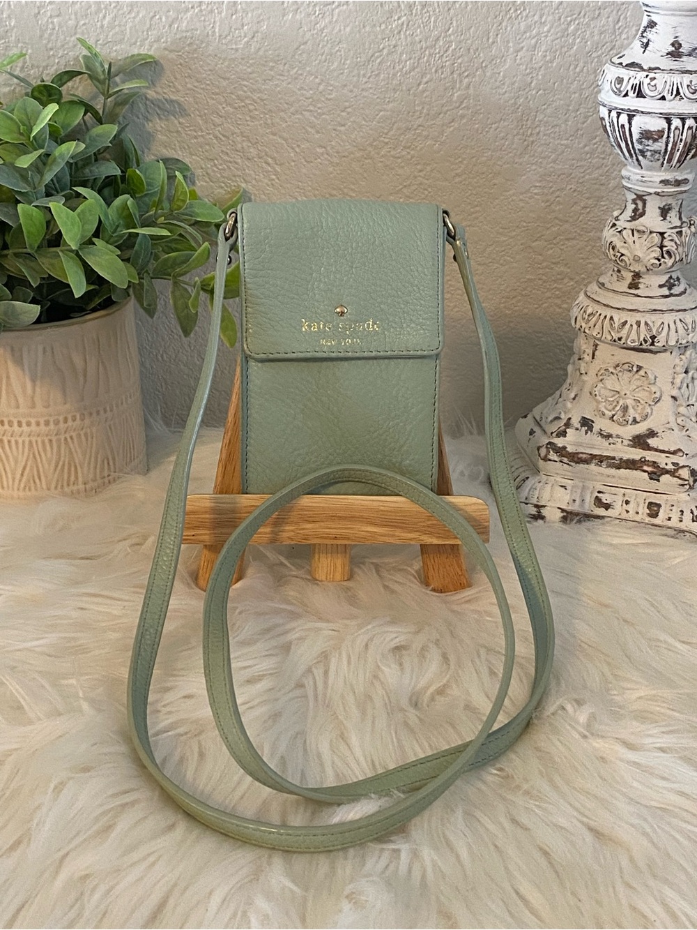 kate spade Sage Green Pebbled Leather Crossbody Phone Pouch / mini bag